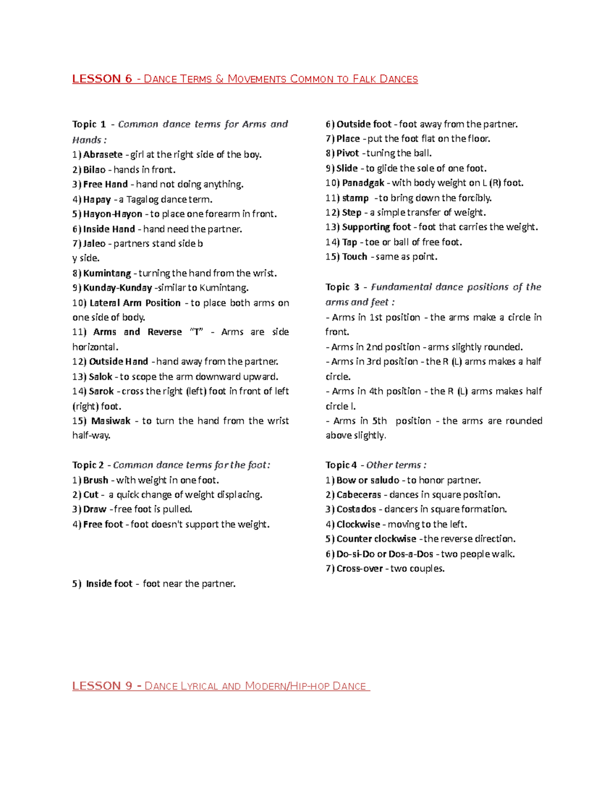 Physical Education - LESSON 6 - DANCE TERMS & MOVEMENTS COMMON TO FALK ...