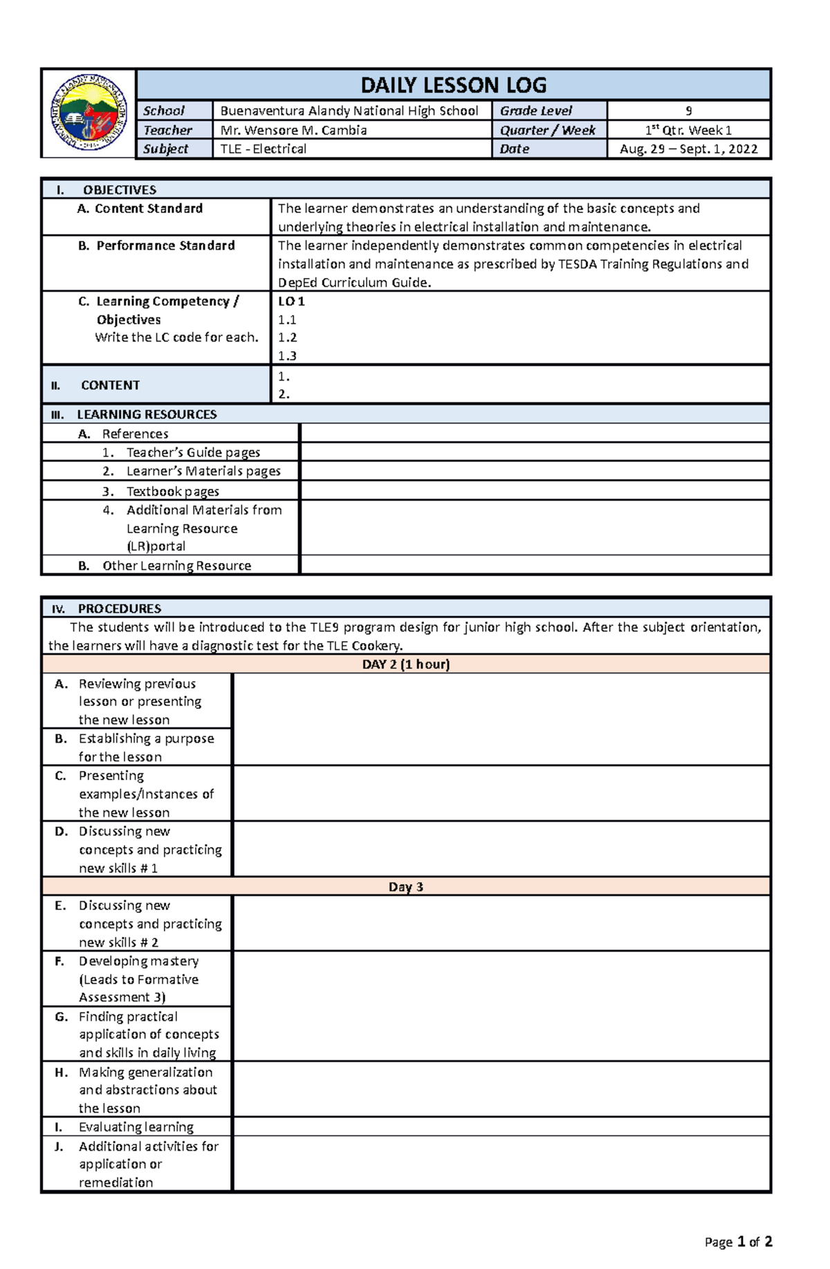 G9 W1.0 Aug. 29 - Sept. 1, 2023 - DAILY LESSON LOG School Buenaventura ...