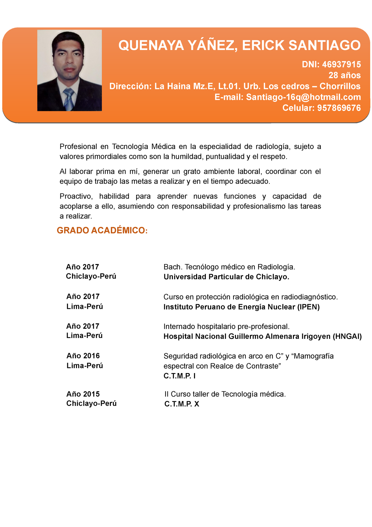Curriculum Vitae - Para postular a un trabajo - Profesional en Tecnología  Médica en la especialidad - Studocu