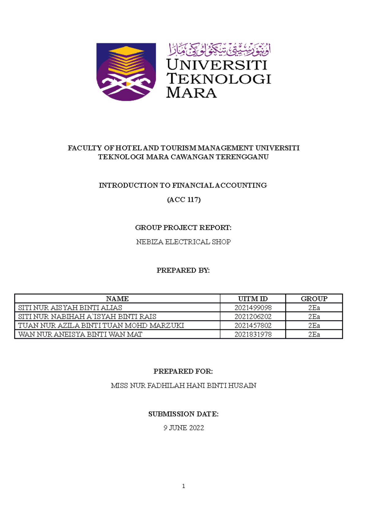 Group project acc 117 - FACULTY OF HOTEL AND TOURISM MANAGEMENT ...