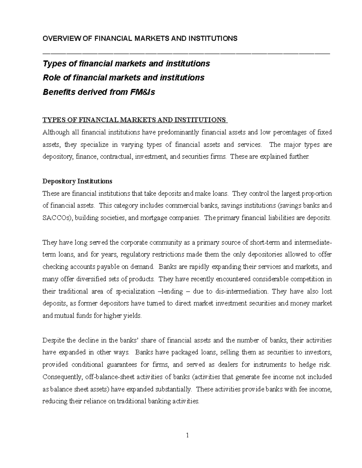 Fin Institutions & Markets - Introduction - Notes - OVERVIEW OF ...