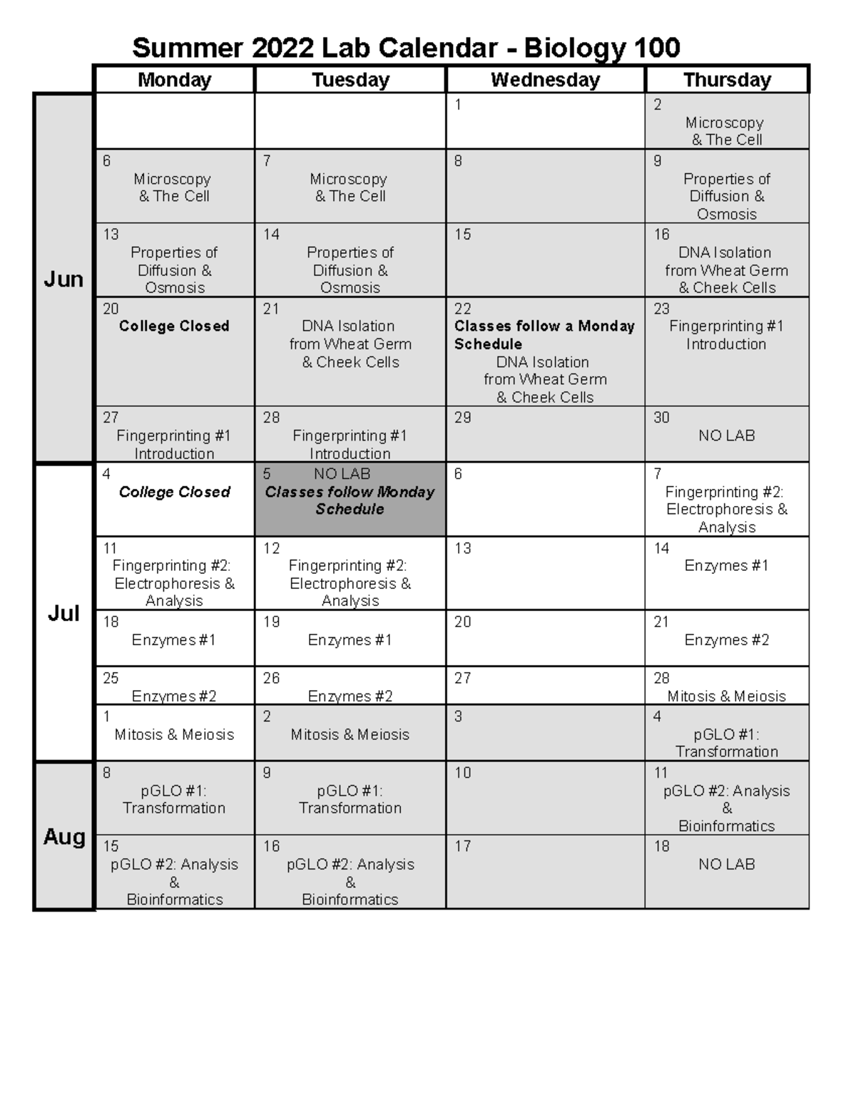 Summer 2022 Semester Lab Cal(2) - Summer 2022 Lab Calendar - Biology ...