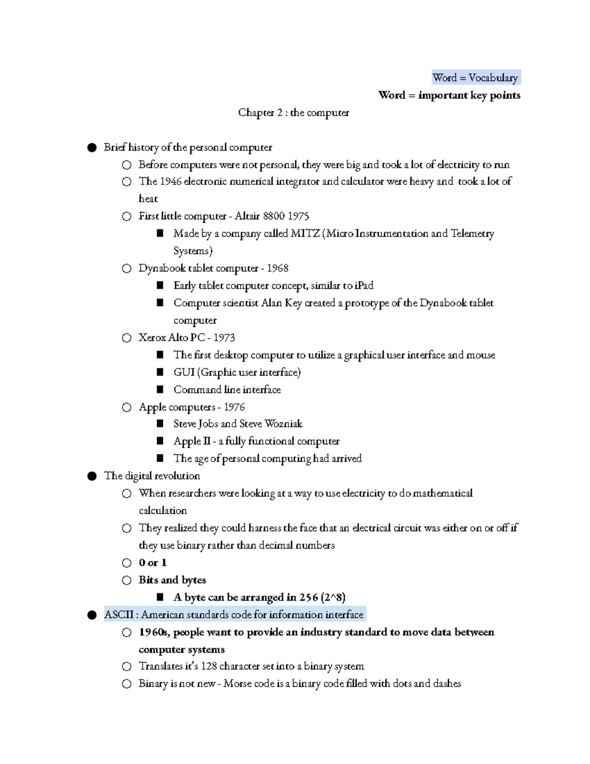 The Computer - Word = Vocabulary Word = important key points Chapter 2 ...
