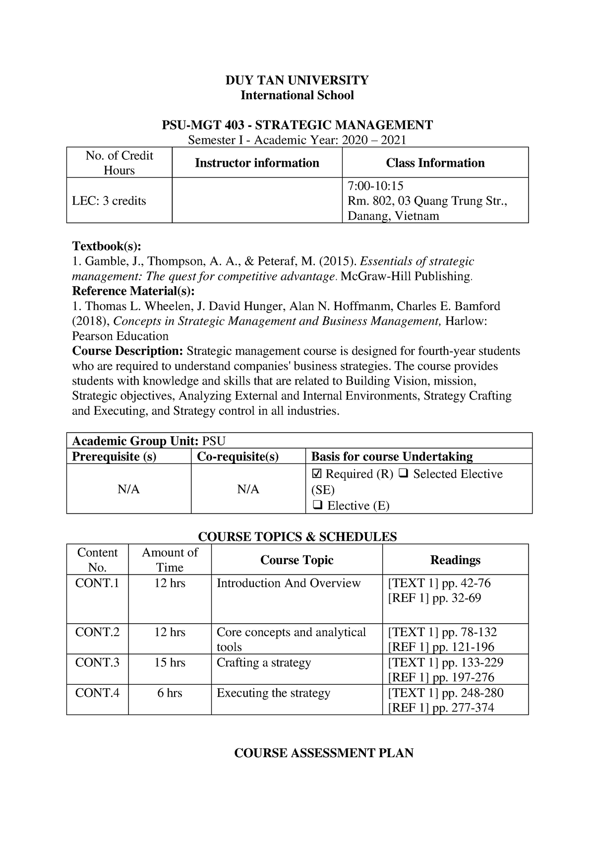 PSU-MGT 403 - Strategic Management - 2020F - Syllabus - DUY TAN ...