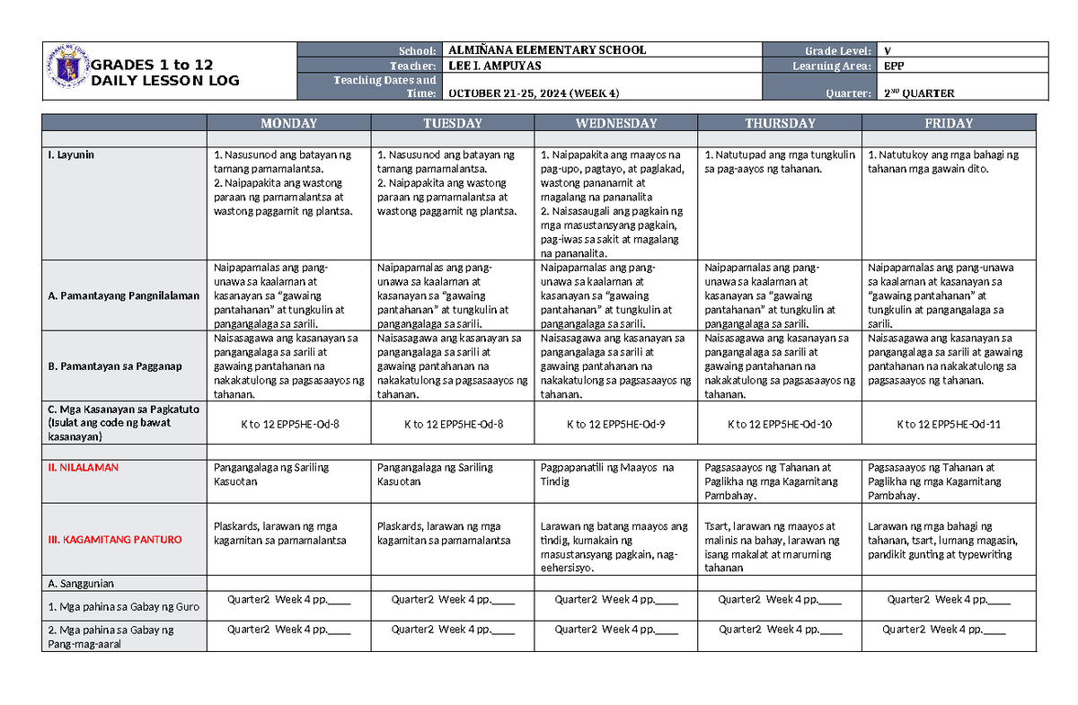 DLL EPP 5 Q2 W4 - yeah - GRADES 1 to 12 DAILY LESSON LOG School ...
