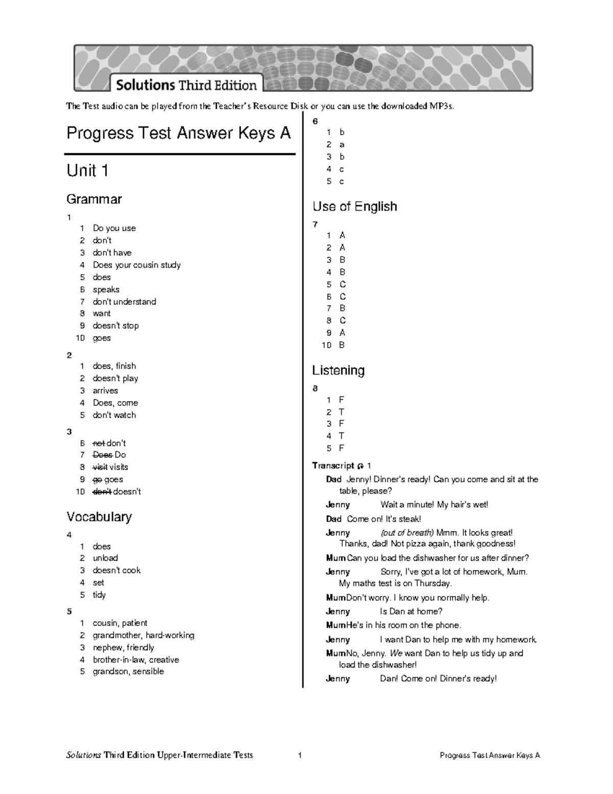 Sol3e Elem Progress Test Answer Key A - Solutions Third Edition Upper ...