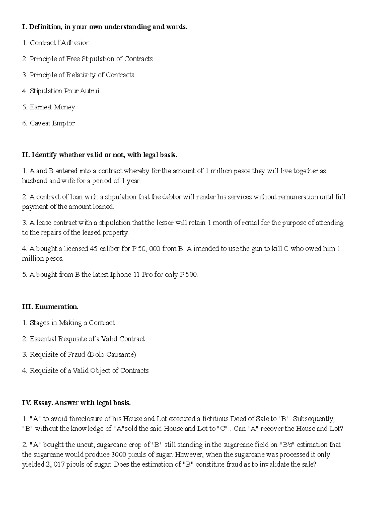 Oblicon Activity - Obligation And Contracts Exam. - I. Definition, In ...