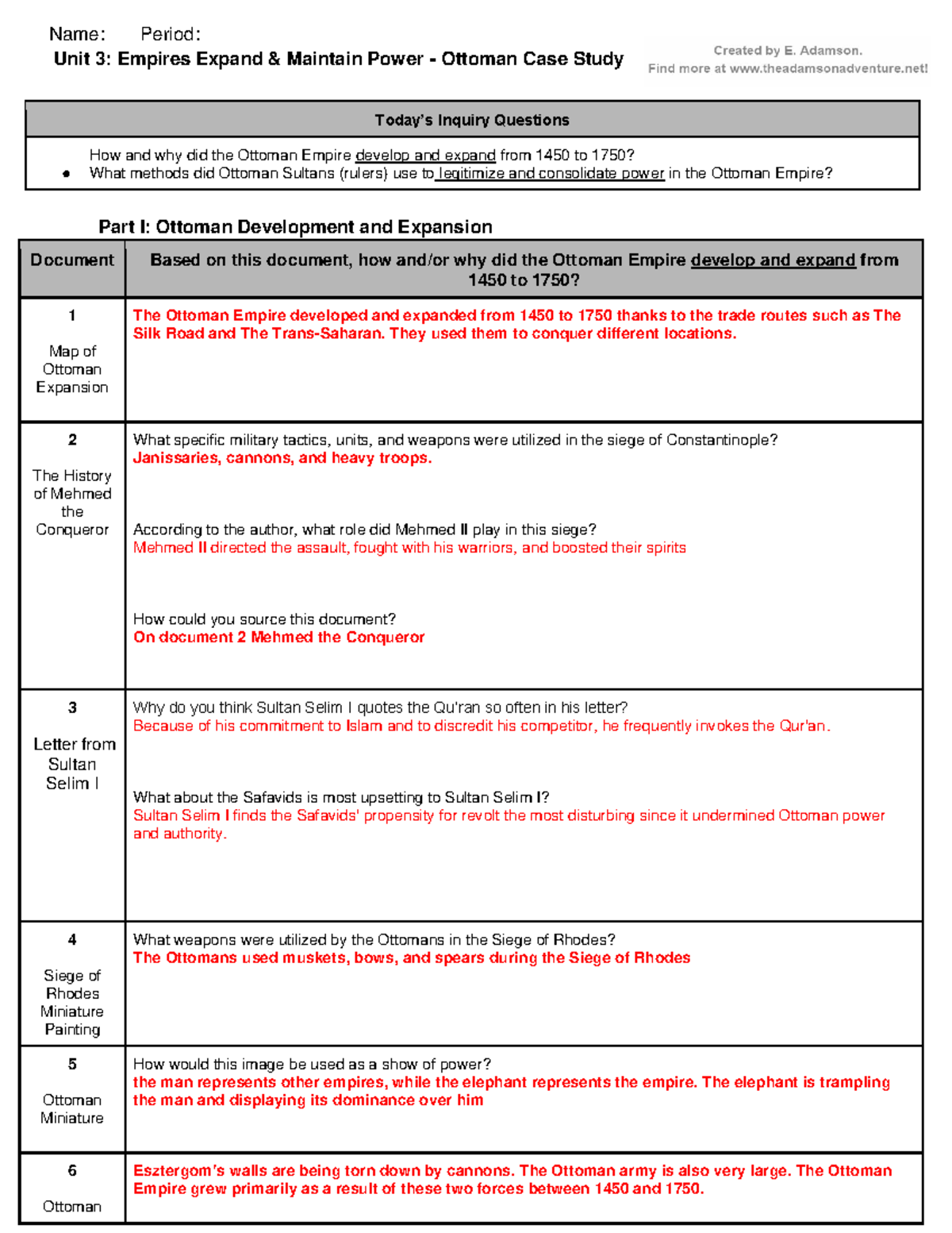 Unit 3 Ottoman Empire Case Study (Student Handout) Name Period Unit