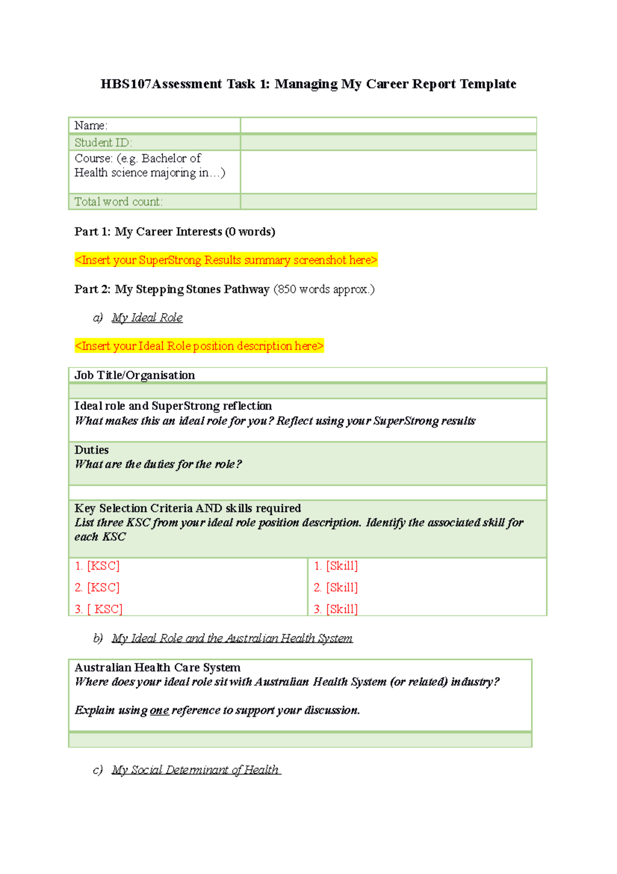 HBS107 AT1 Managing My Career Report Template T3 2023 (Final