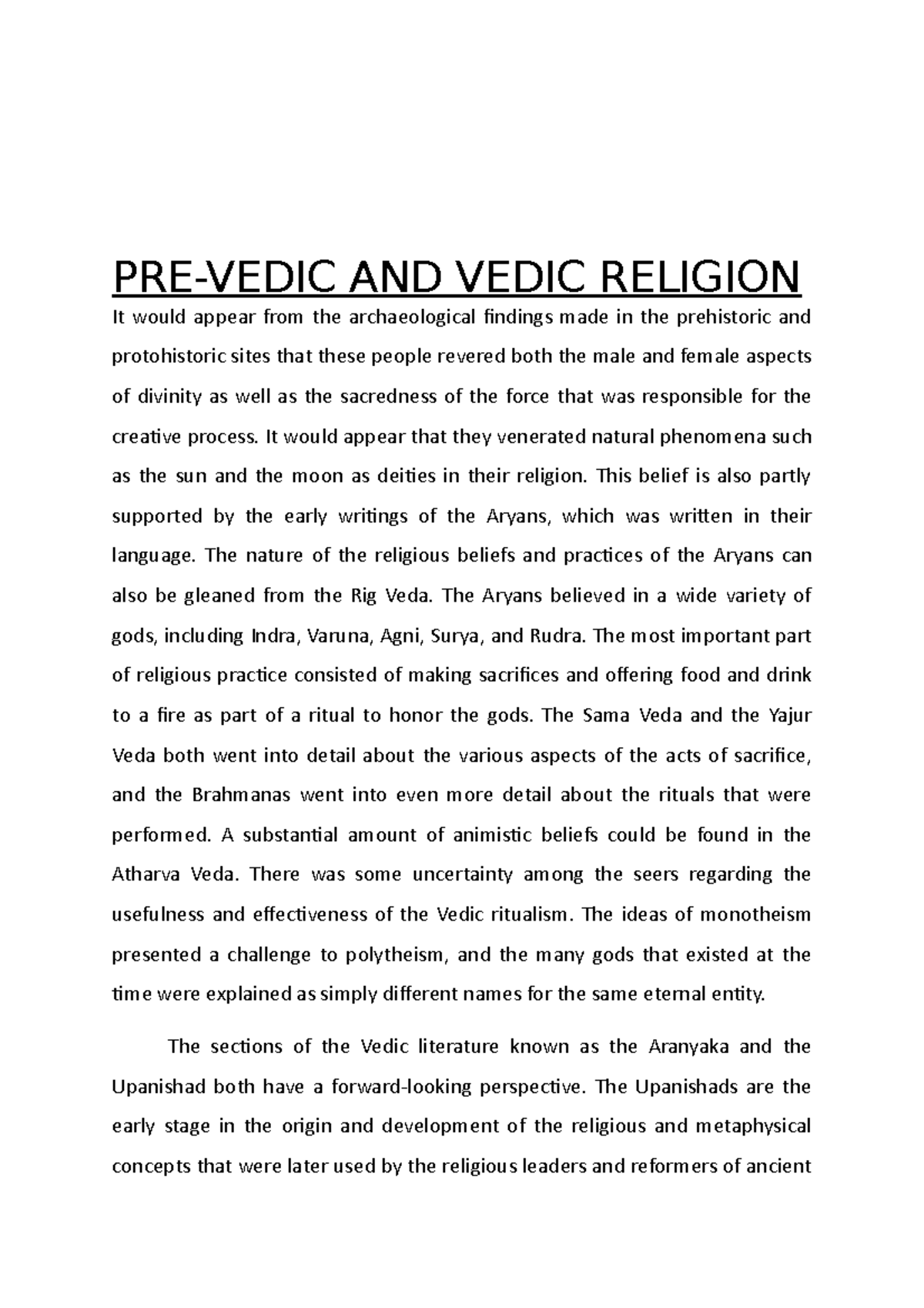 PRE- Vedic AND Vedic Religion - PRE-VEDIC AND VEDIC RELIGION It would  appear from the archaeological - Studocu