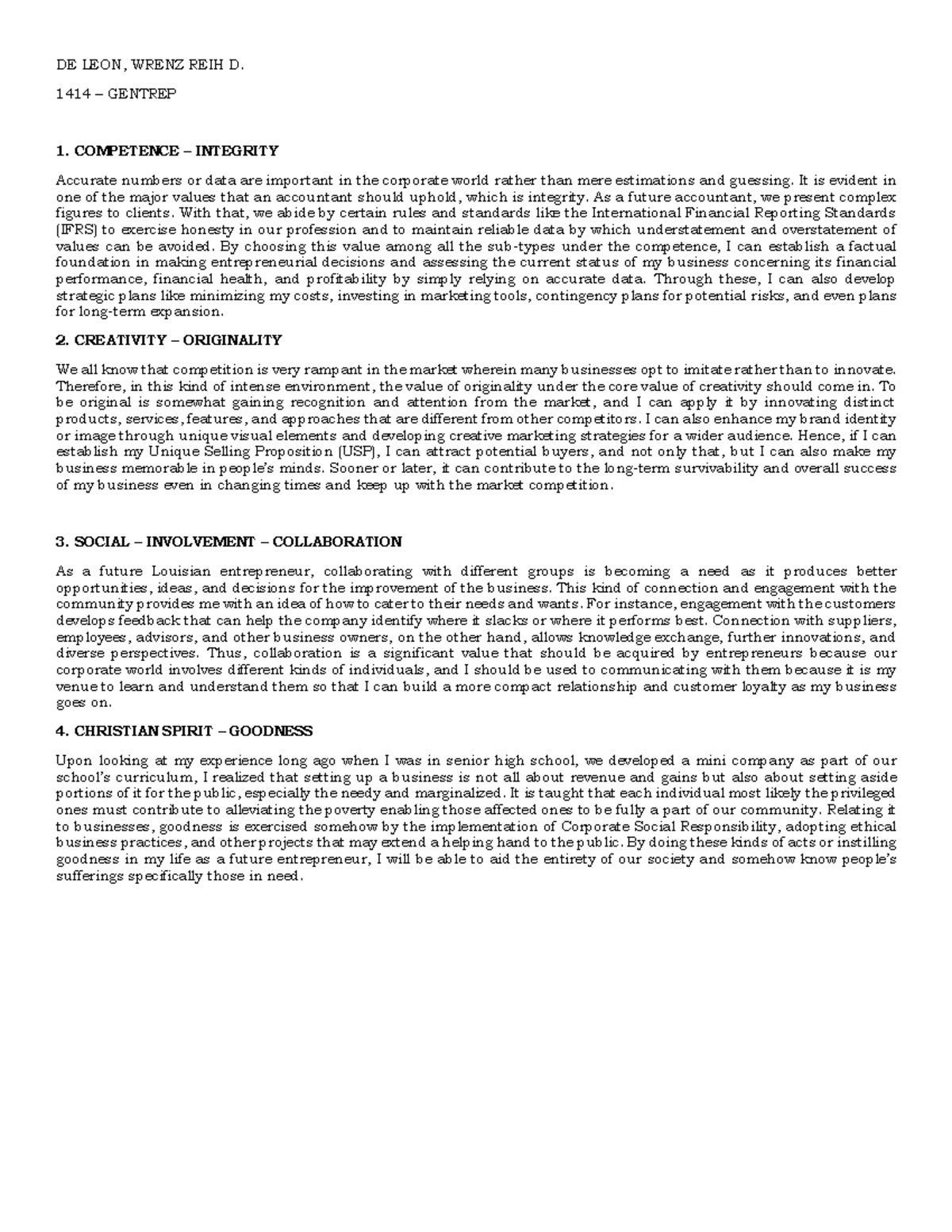 Gentrep CORE Values - DE LEON, WRENZ REIH D. 1414 – GENTREP 1 ...