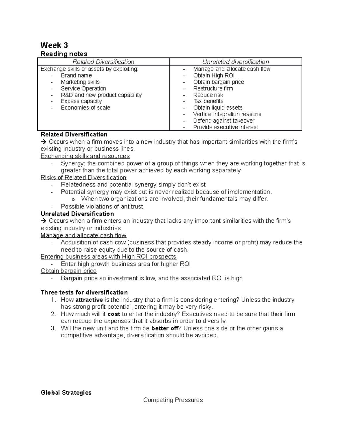 Week 3 notes Week 3 Reading notes Related Diversification Unrelated
