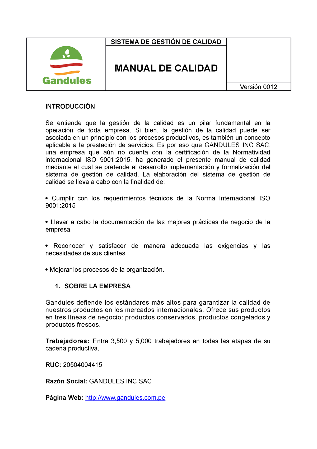 Manual DE Calidad Gandules - SISTEMA DE GESTIÓN DE CALIDAD MANUAL DE ...