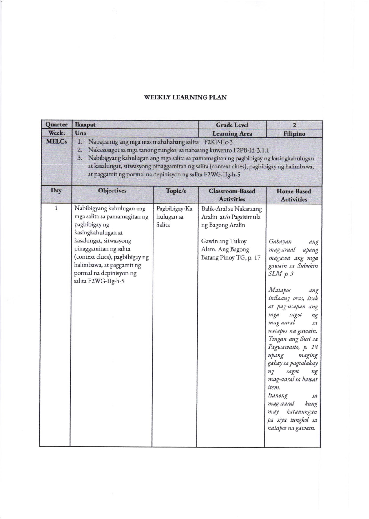 weekly-learning-plan-science-studocu