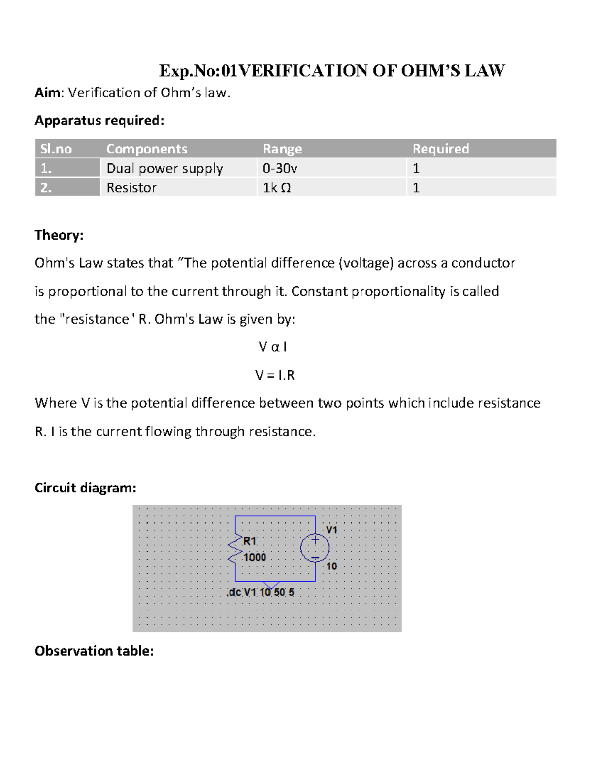 experiment 1 ohm's law