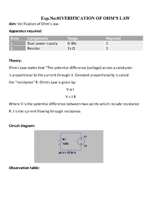 1.Ohm's Law - Experiment On Ohm's Law - Exp: 01 VERIFICATION OF OHM’S ...