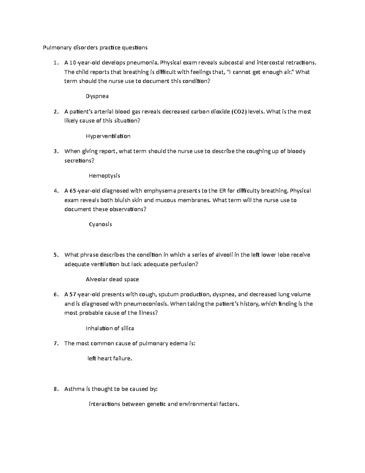 Pulmonary disorders practice questions - PBSN 527 - Studocu