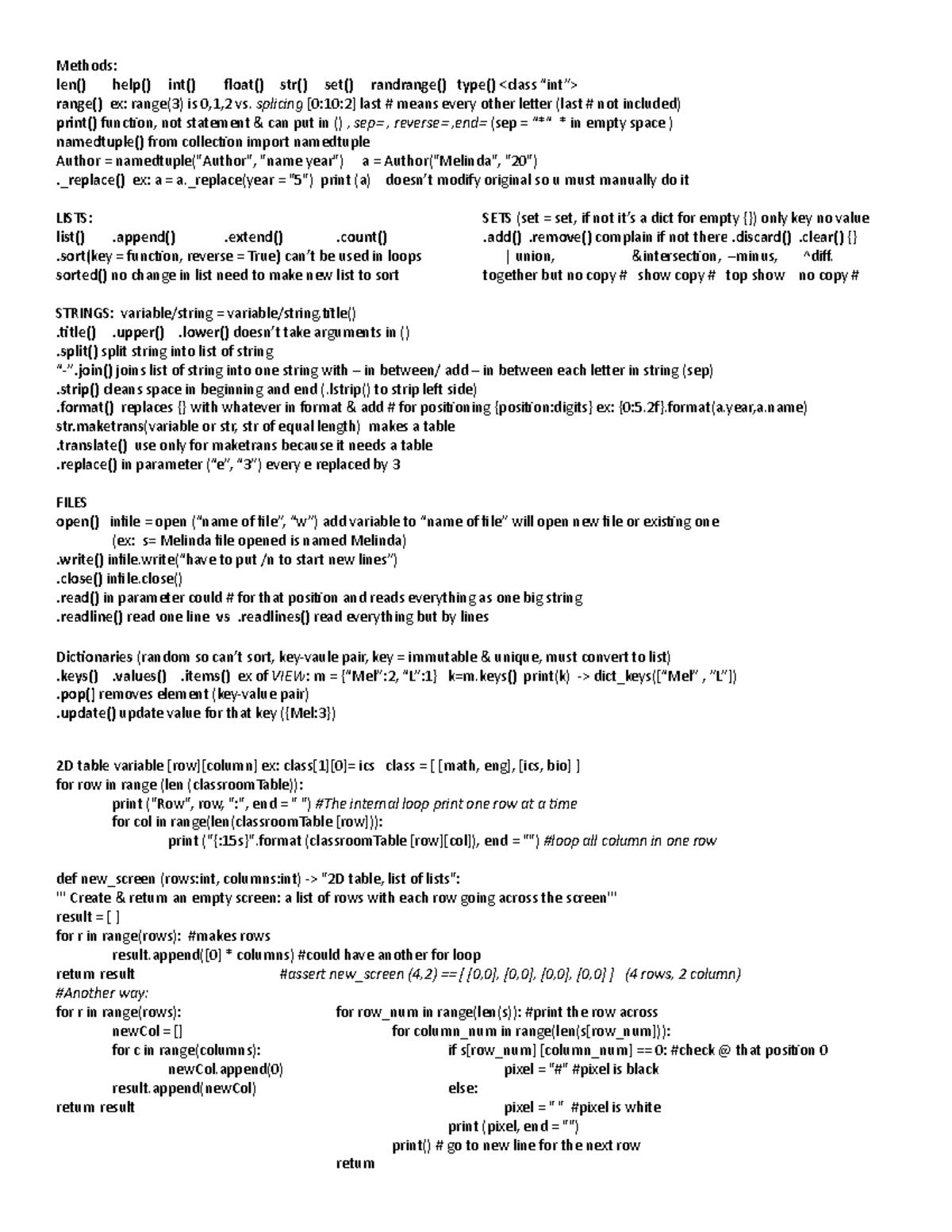 ICS Cheat Sheet 1 - Methods: len() help() int() float() str() set ...