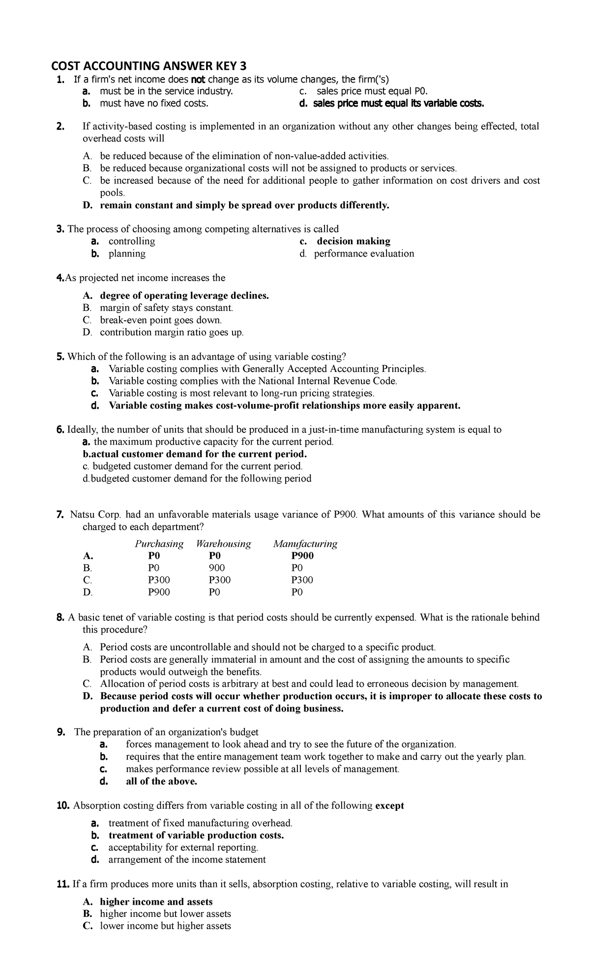 Cost Accounting Answer Key 3 - COST ACCOUNTING ANSWER KEY 3 If a firm's ...