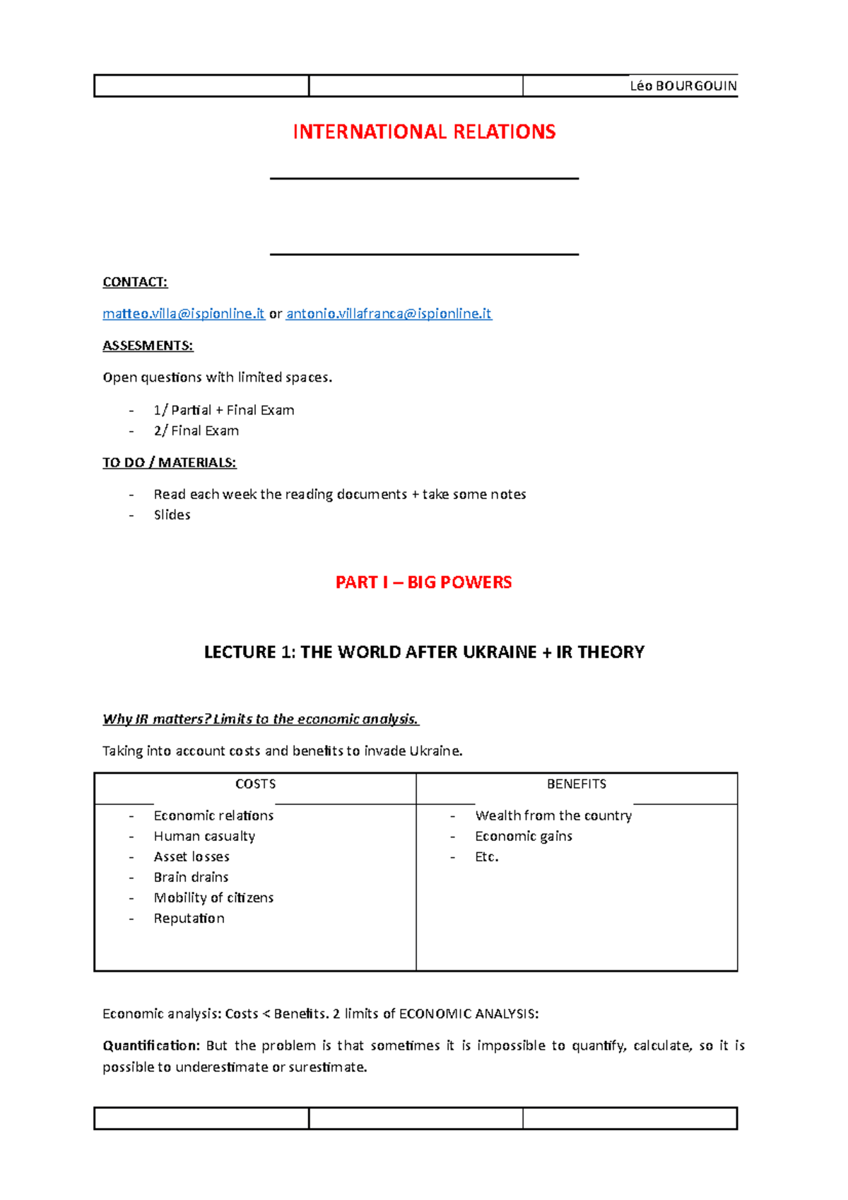 Course Notes International Relations - INTERNATIONAL RELATIONS