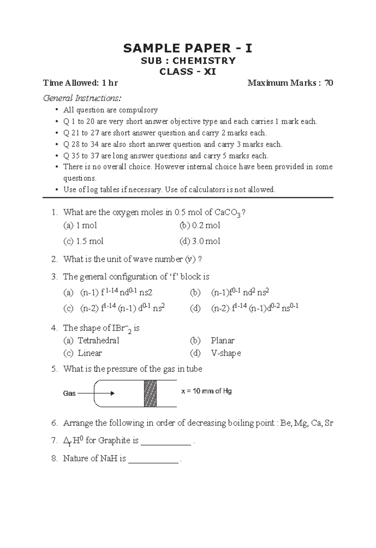 11 Sample Papers Chemistry - 249 SAMPLE PAPER - I SUB : CHEMISTRY CLASS ...