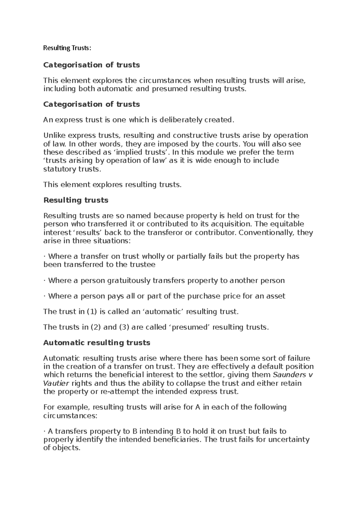 Resulting Trusts - Lecture notes Week 8 - Lecture Notes - Resulting ...