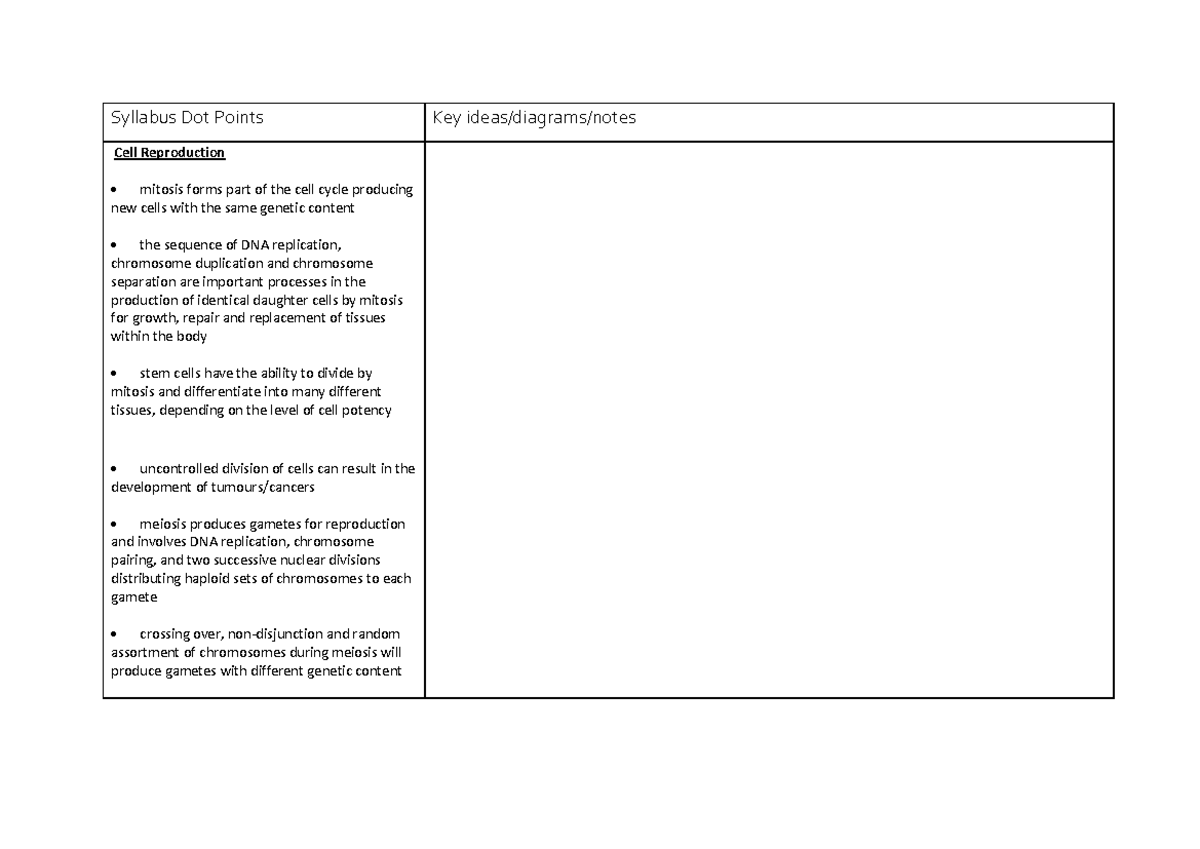 Syllabus Dot Points - Cell Reproduction - Syllabus Dot Points Key ideas ...
