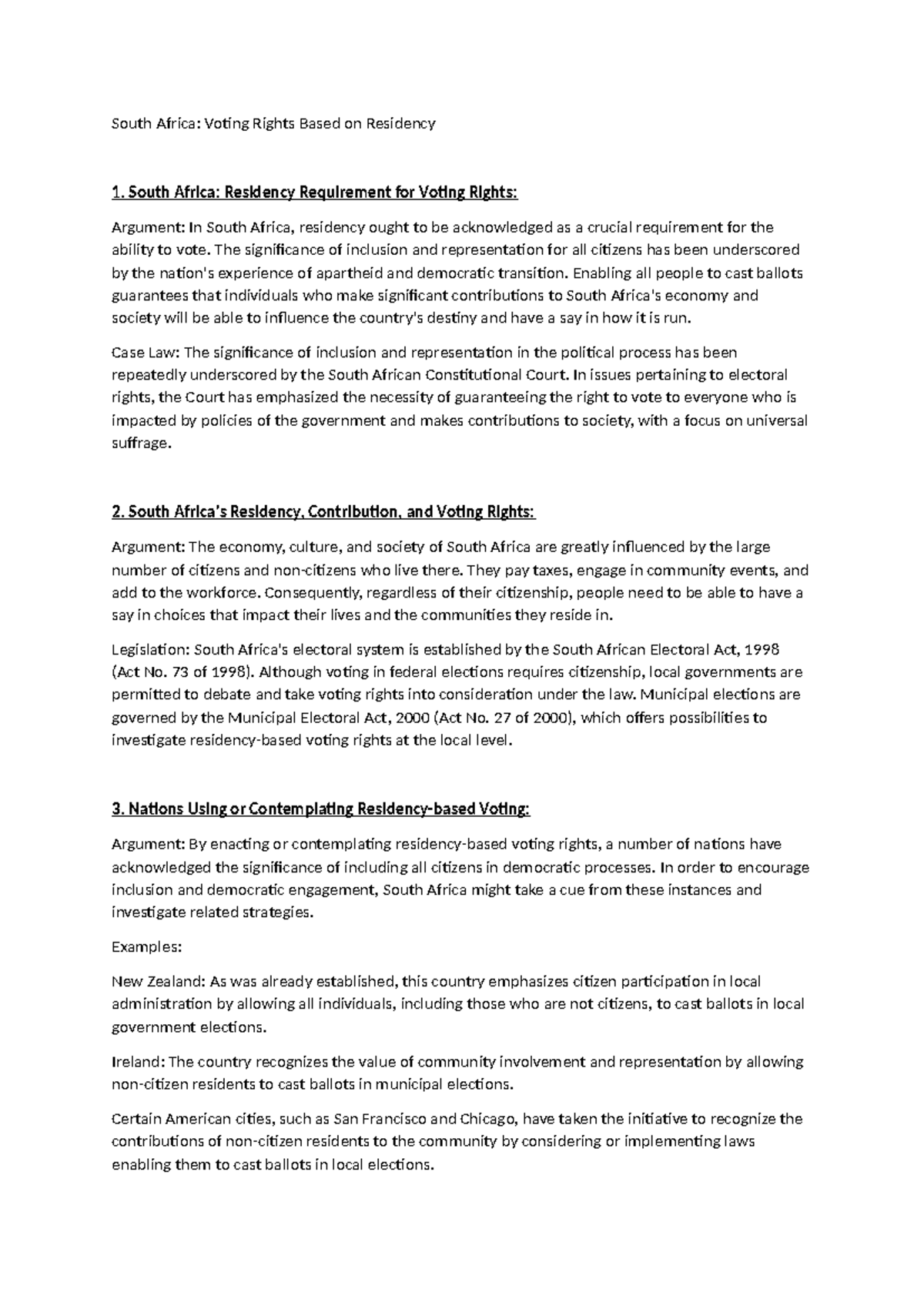 speaking assignment - South Africa: Voting Rights Based on Residency ...