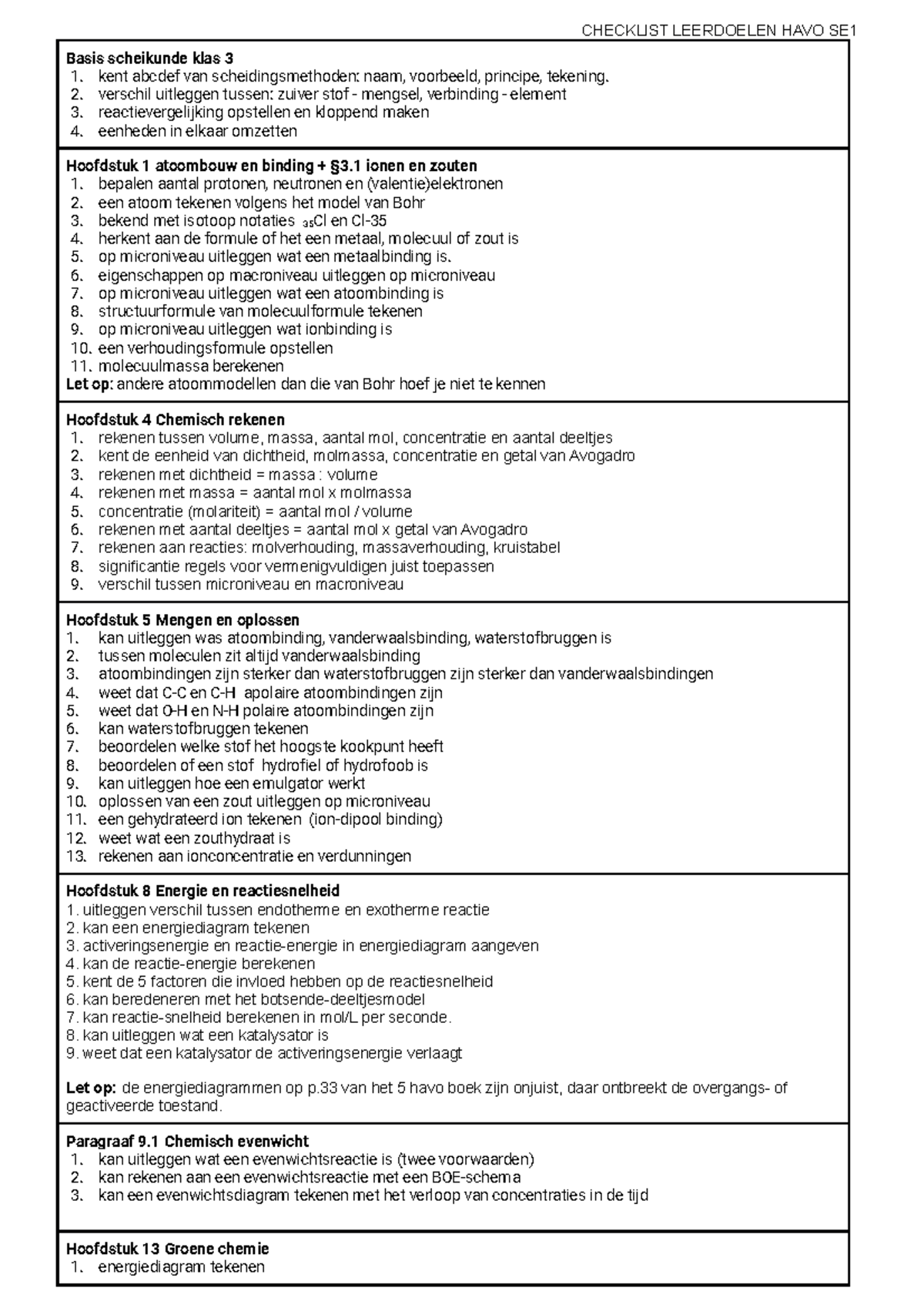 Leerdoelen Havo SE1 - CHECKLIST LEERDOELEN HAVO SE Basis Scheikunde ...