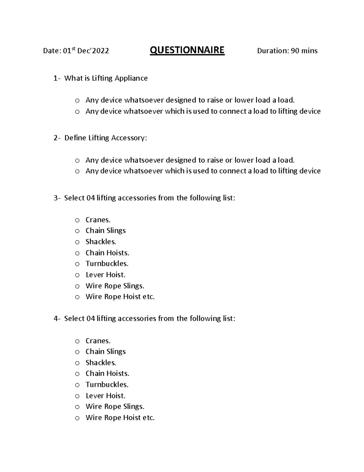 Questionnaire Rigging & Crane Operator Date 01st Dec’ 2022
