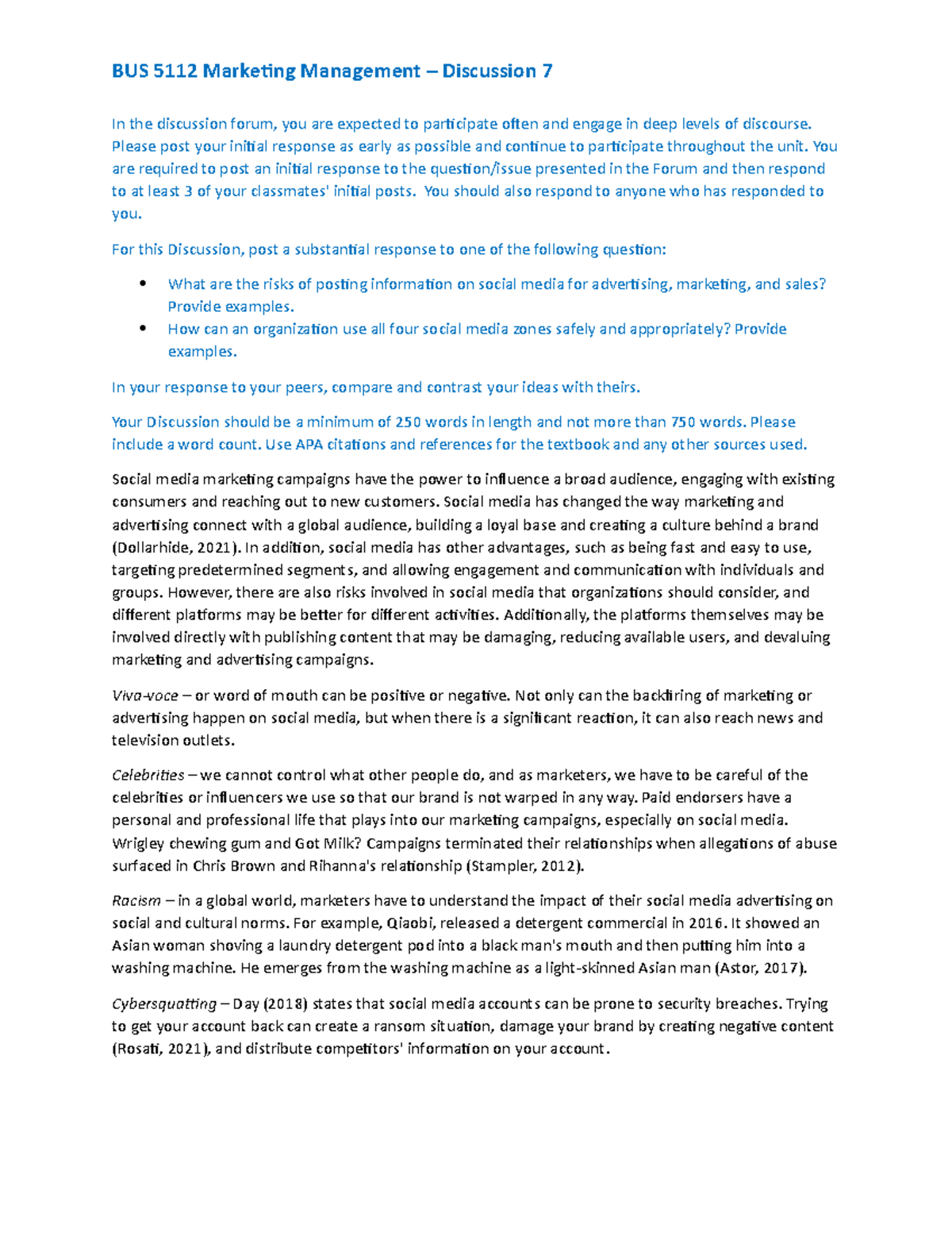 BUS 5112 - Discussion 7 - BUS 5112 Marketing Management – Discussion 7 ...