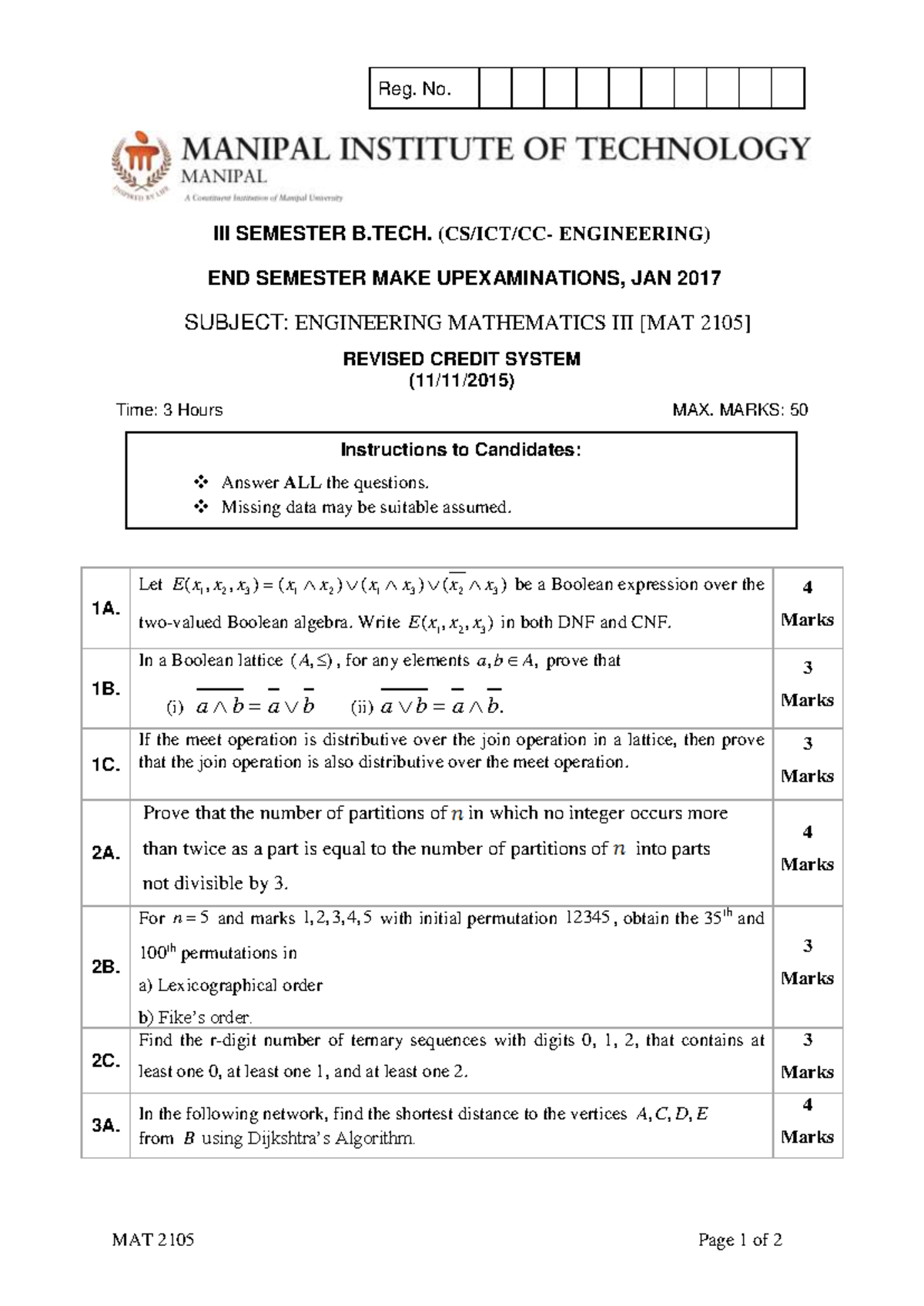 2016-Engineering mathematics III [MAT 2105] (Make up) RCS - Reg. No ...