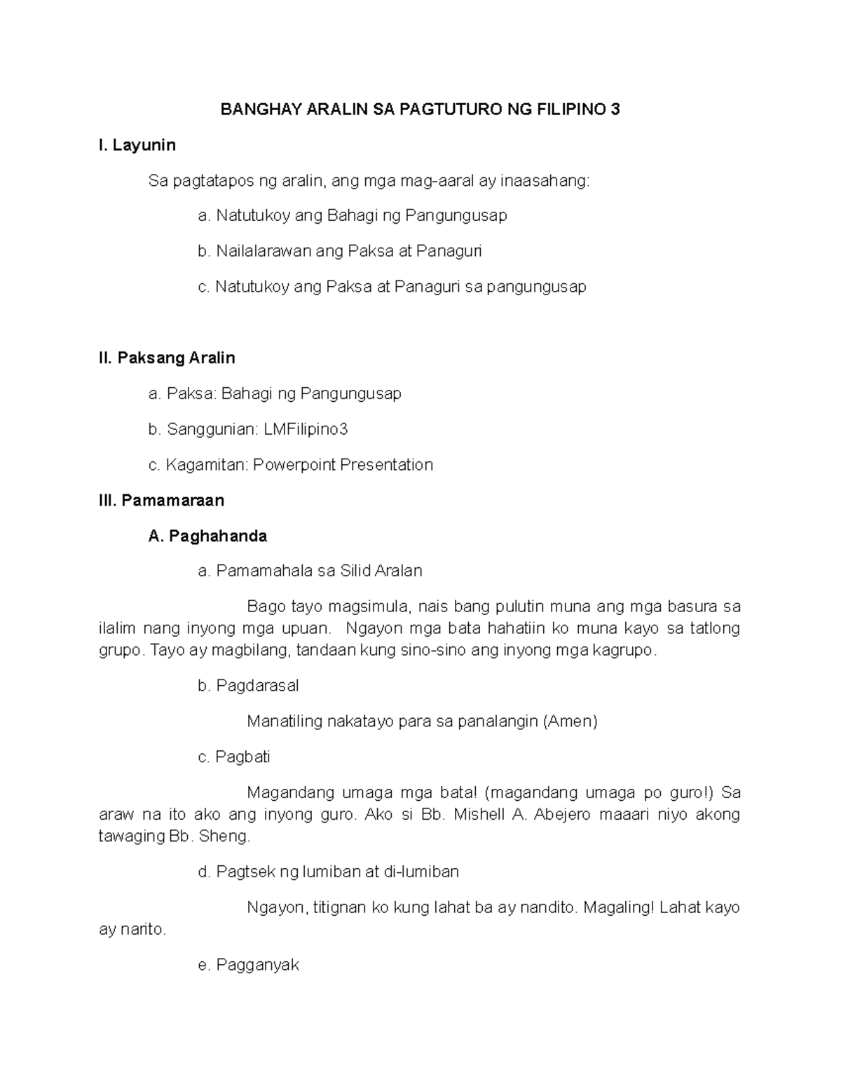 Filipino Lesson Plan Banghay Aralin Sa Pagtuturo Ng Filipino 3 I Layunin Sa Pagtatapos Ng 5032