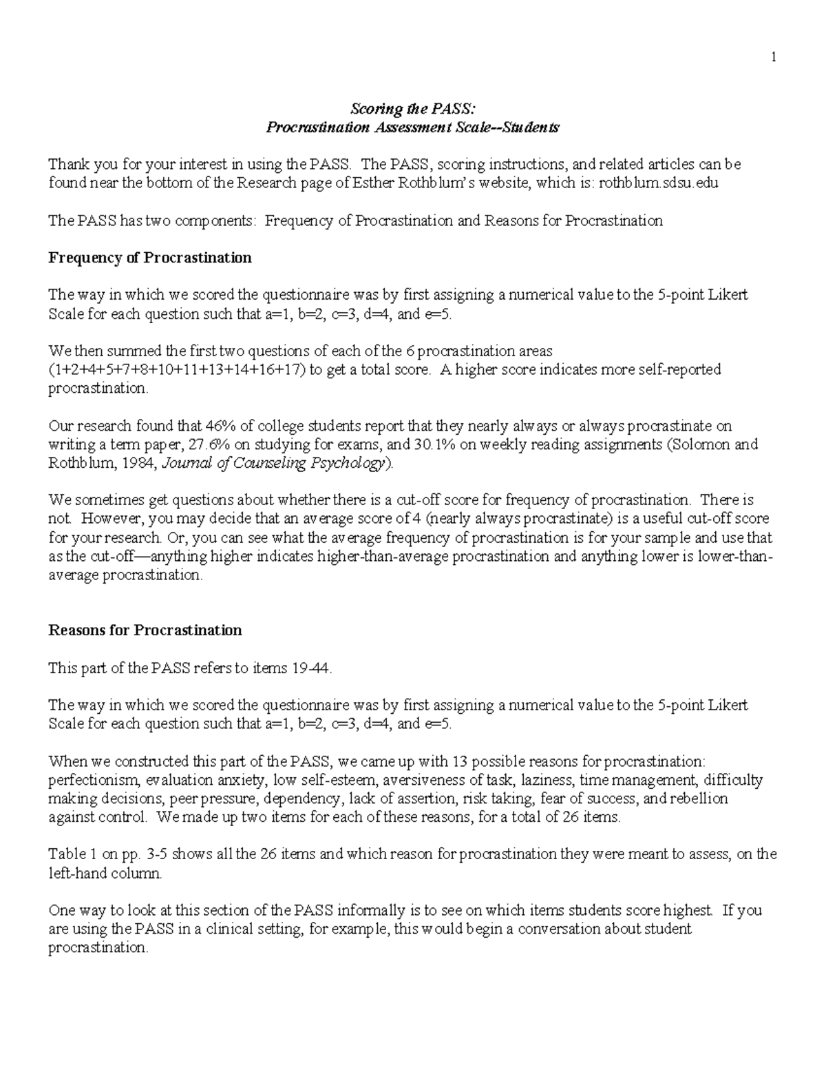 Procrastination Assessment Scale Scoring 2011 - Scoring the PASS ...