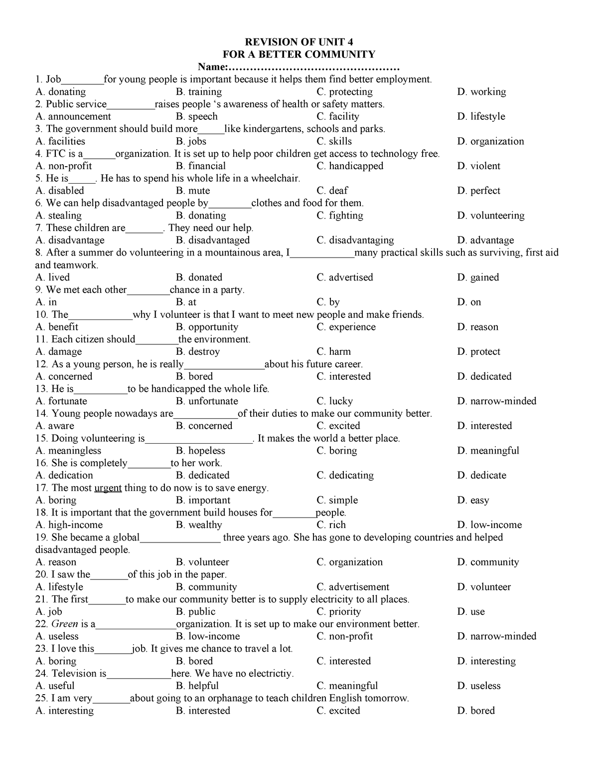 Revision OF UNIT 4 Vocabulary FOR A Better Community - REVISION OF UNIT ...