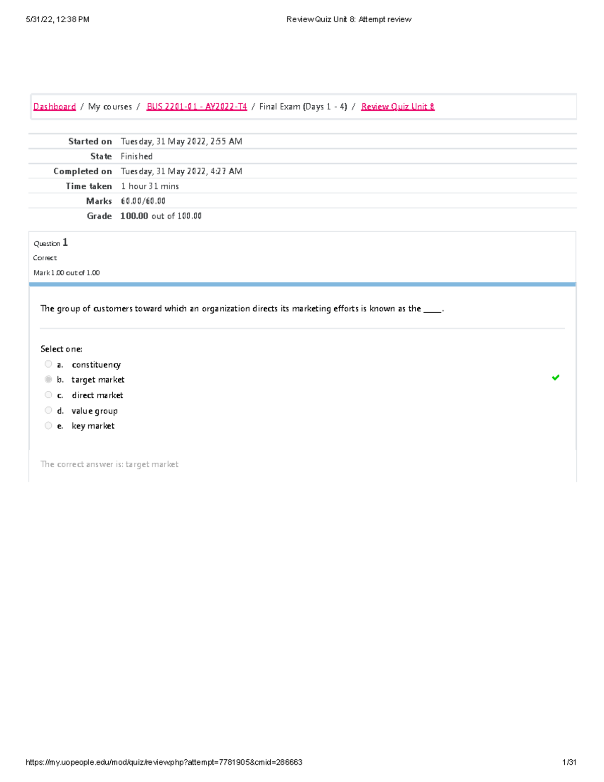 BUS 2201 Principles Of Marketing Review Quiz - Started On Tuesday, 31 ...