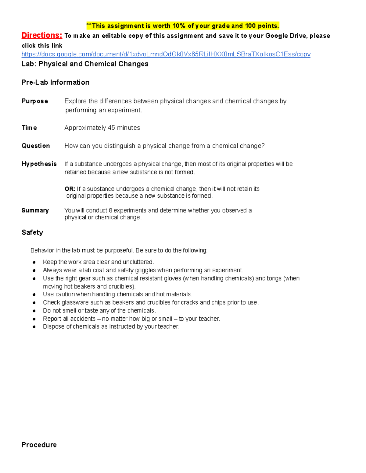 Copy of Lab Physical and Chemical Changes **This assignment is worth