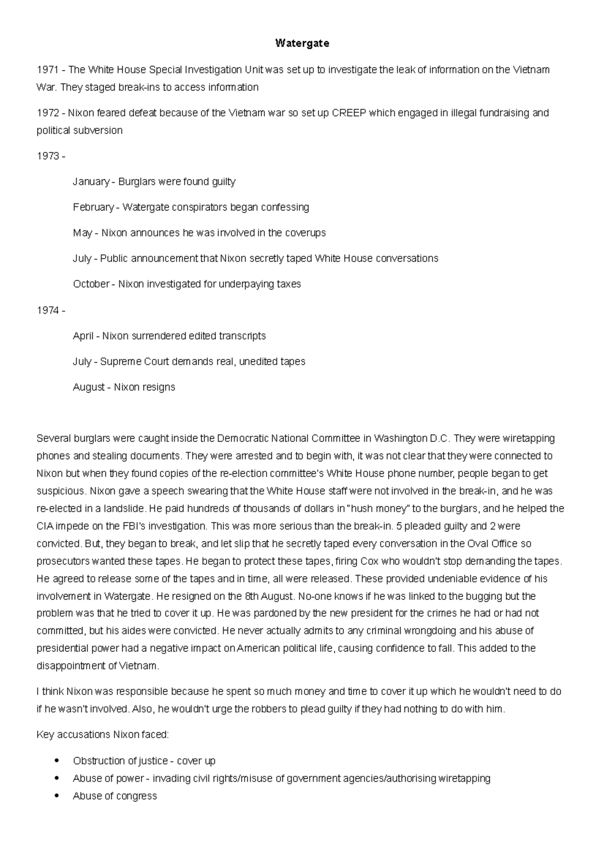 Watergate These notes are all about the different topics in the