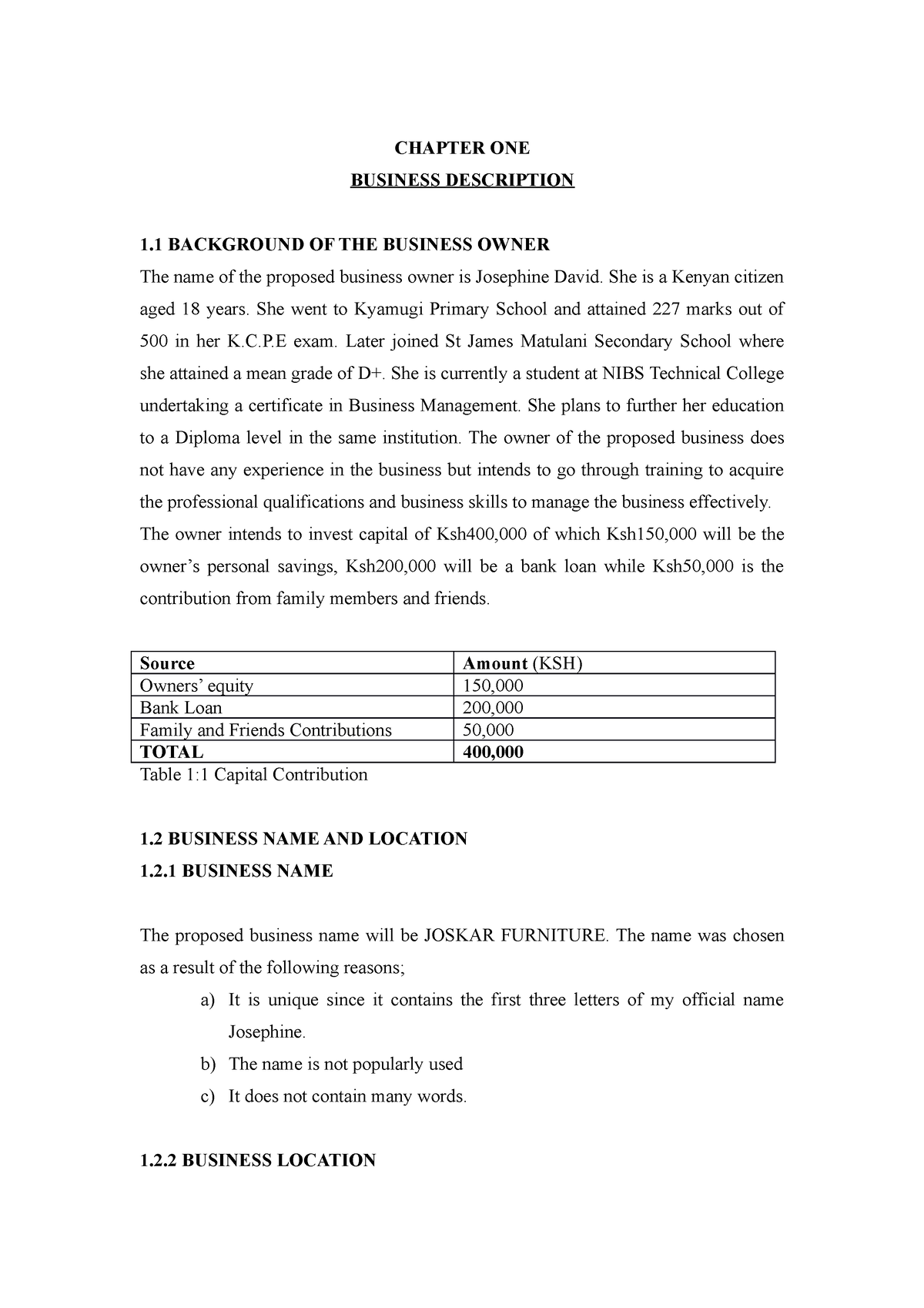 sample of business plan chapter one