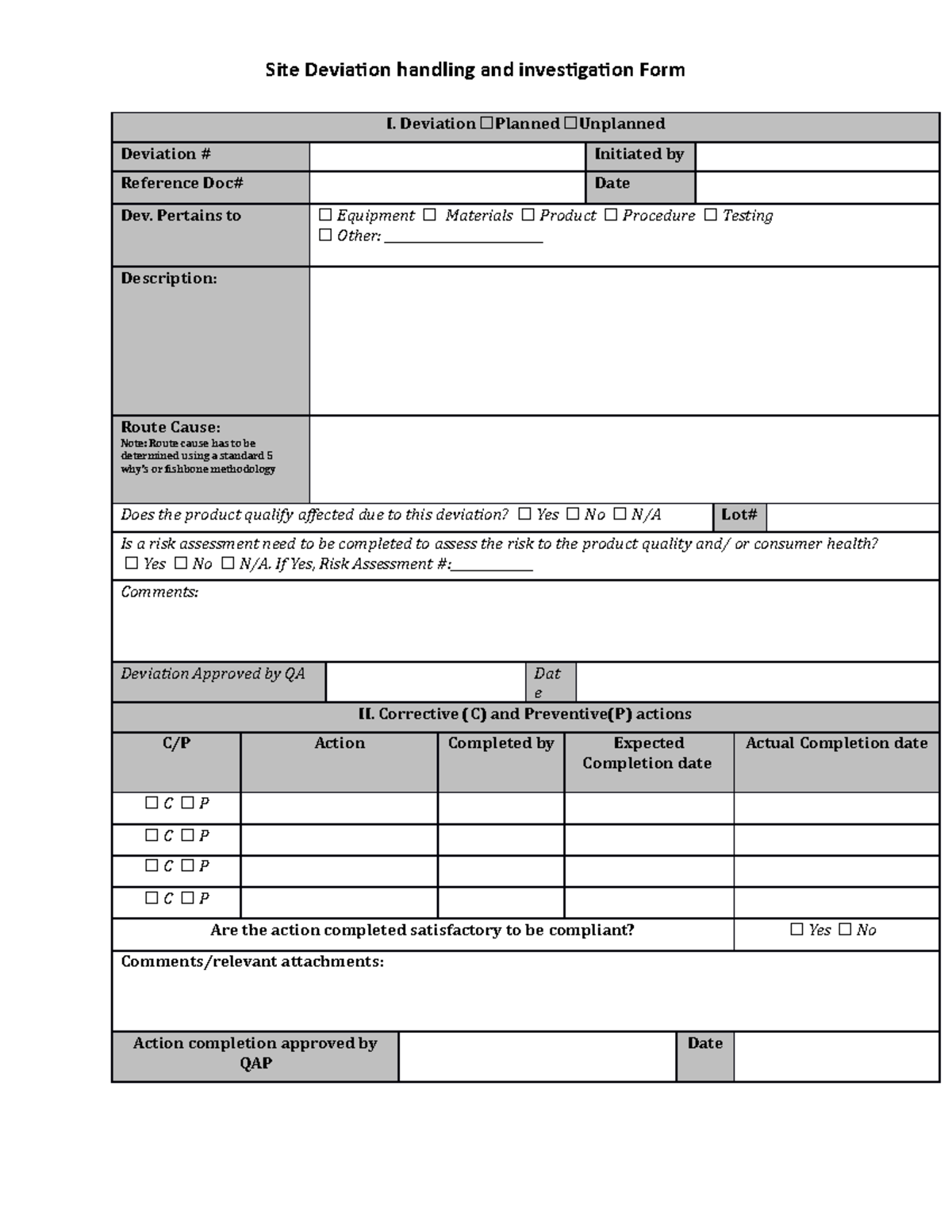 Site Deviation Handling and Investigation Form - Deviation ☐Planned ...