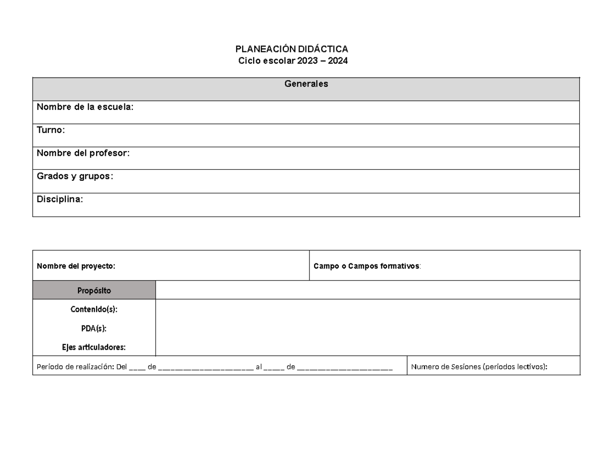 Formato DE Planeacion Didactica 2023 - PLANEACIÓN DIDÁCTICA Ciclo ...