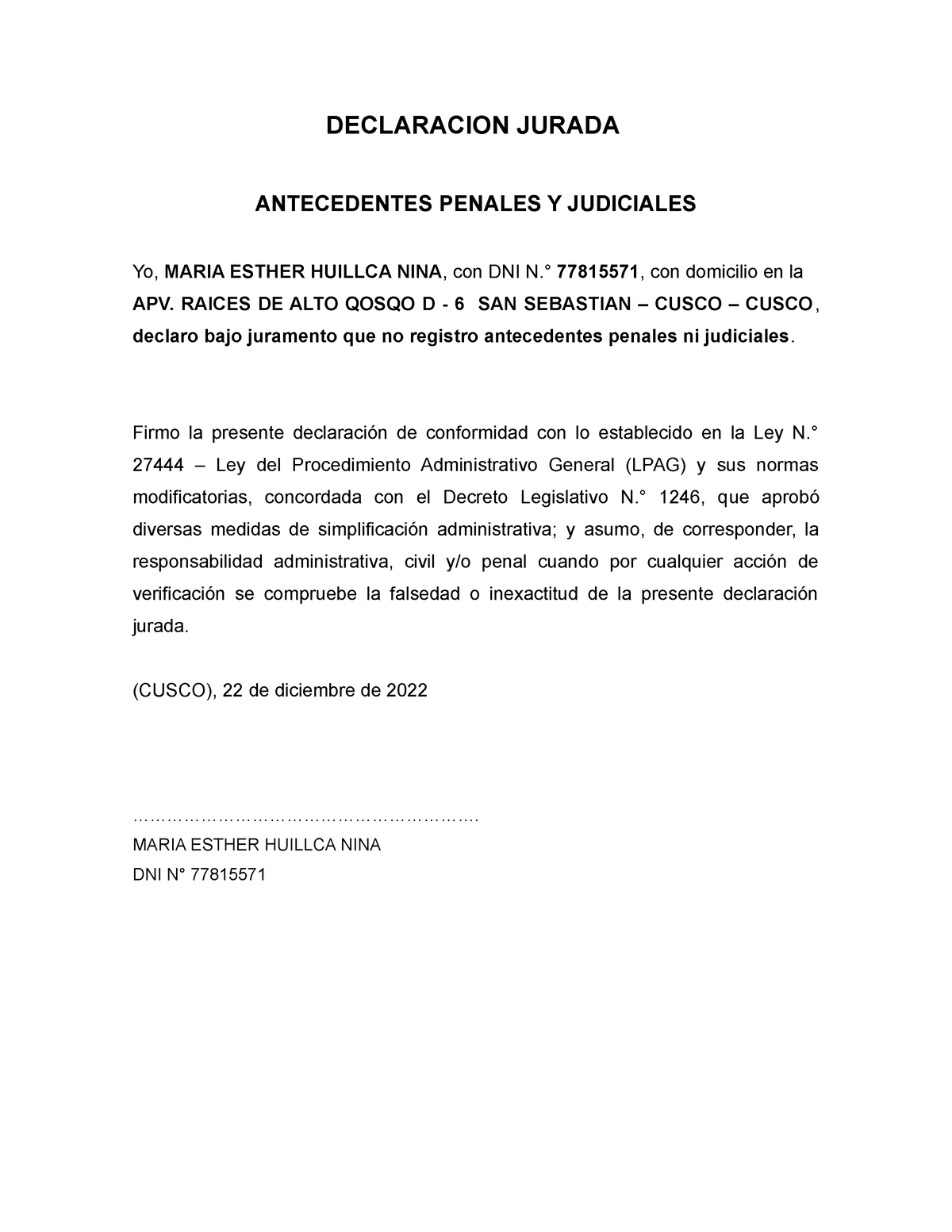 Declaracion Jurada Declaracion Jurada Antecedentes Penales Y Judiciales Yo Maria Esther 8661