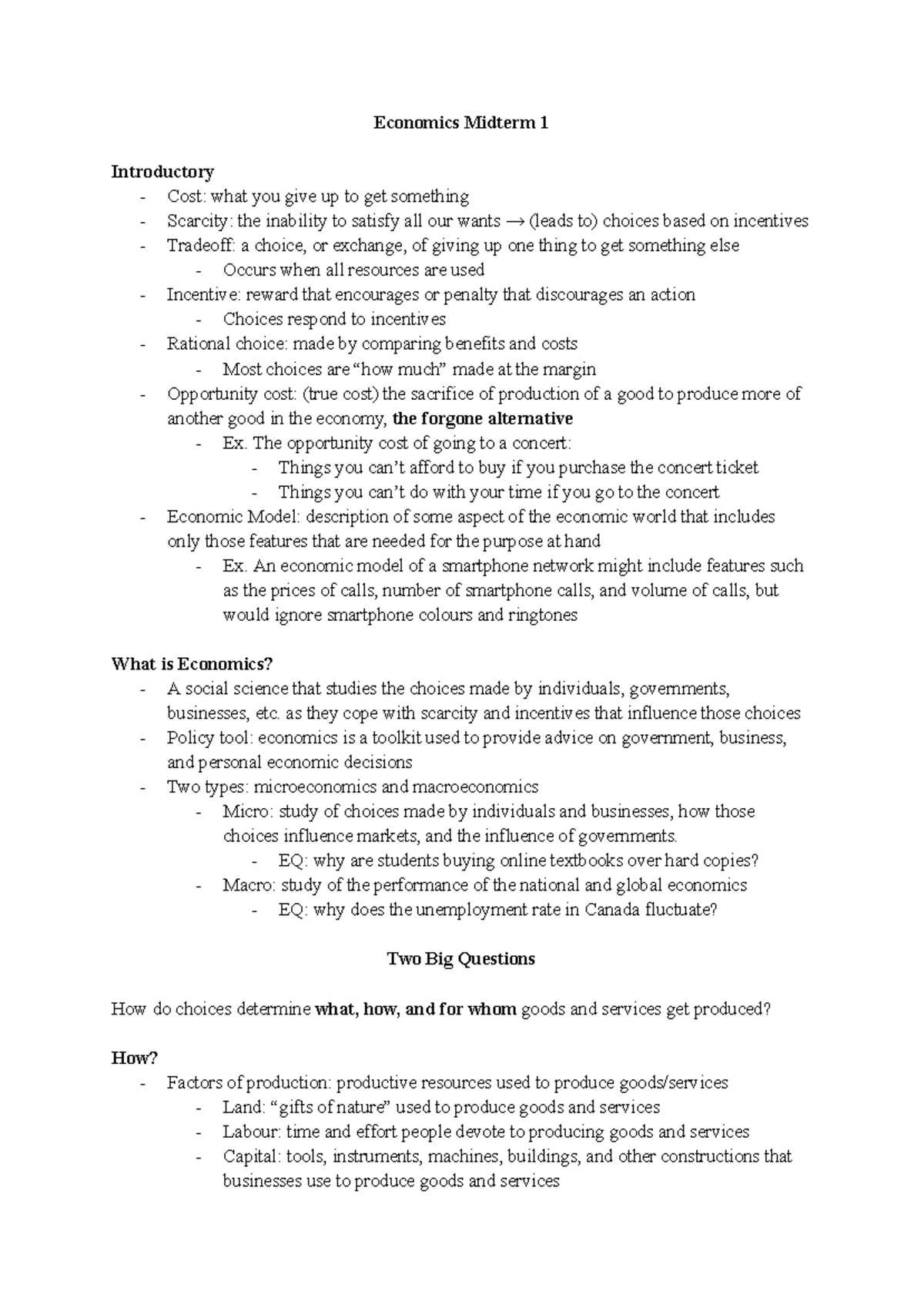 Econ Midterm 1 Notes - Economics Midterm 1 Introductory Cost: what you ...
