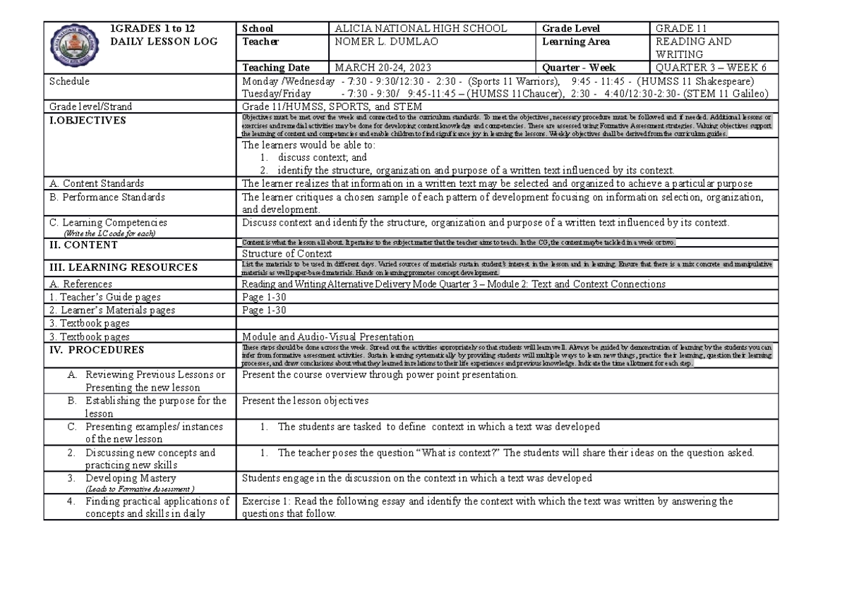 DLP IN Reading AND Writing 6 1GRADES 1 to 12 DAILY LESSON LOG School