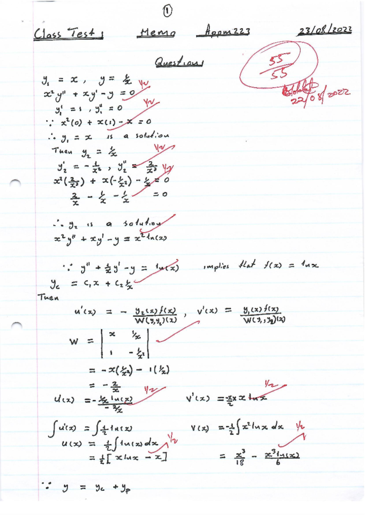 Class TEST 1 MEMO APPM223 - 1 Class Test , Memo Appm323 Questions 55 ys ...