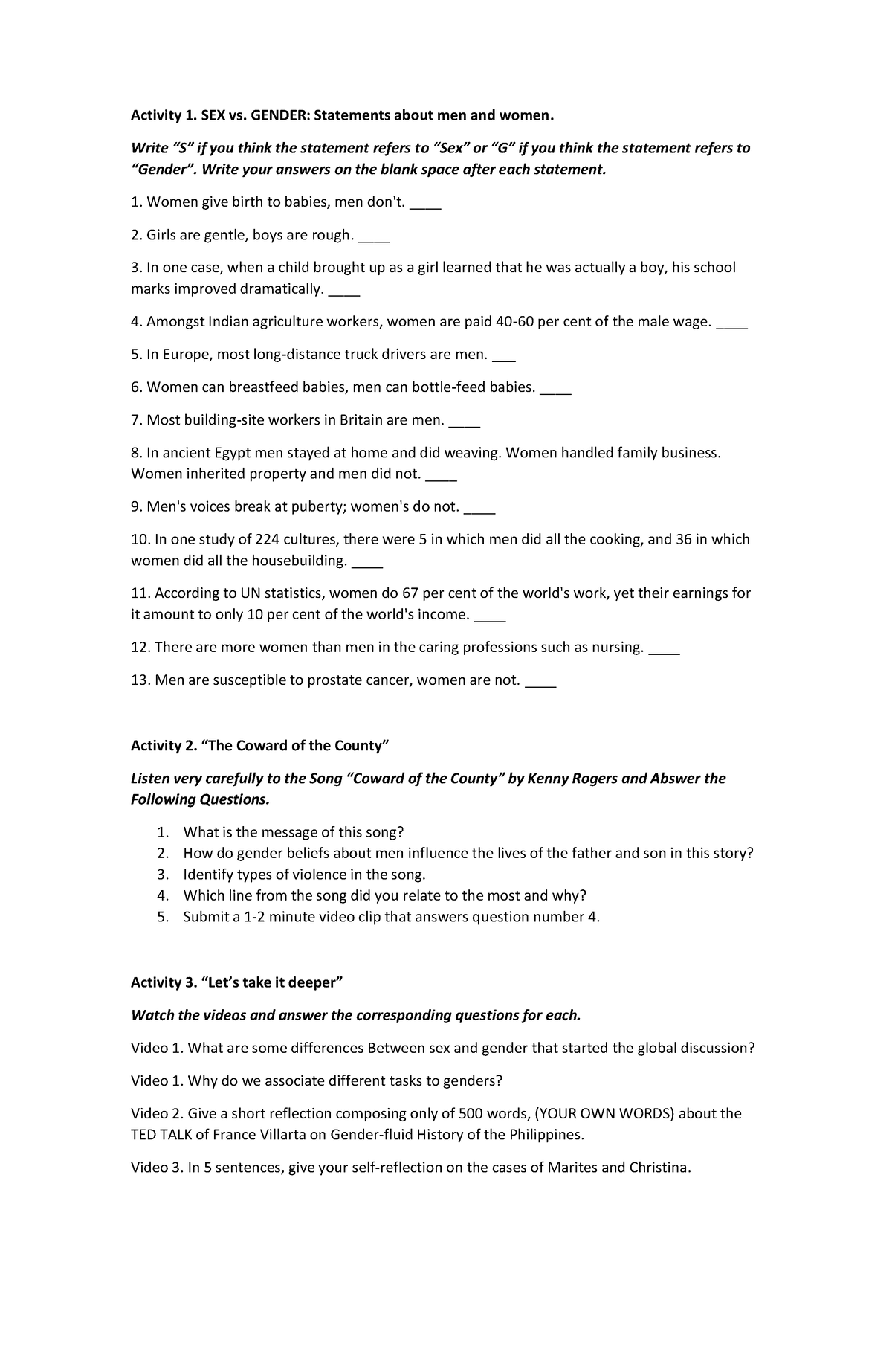 Activity 1 3 Gen Soc 2022 Activity 1 Sex Vs Gender Statements About Men And Women Write