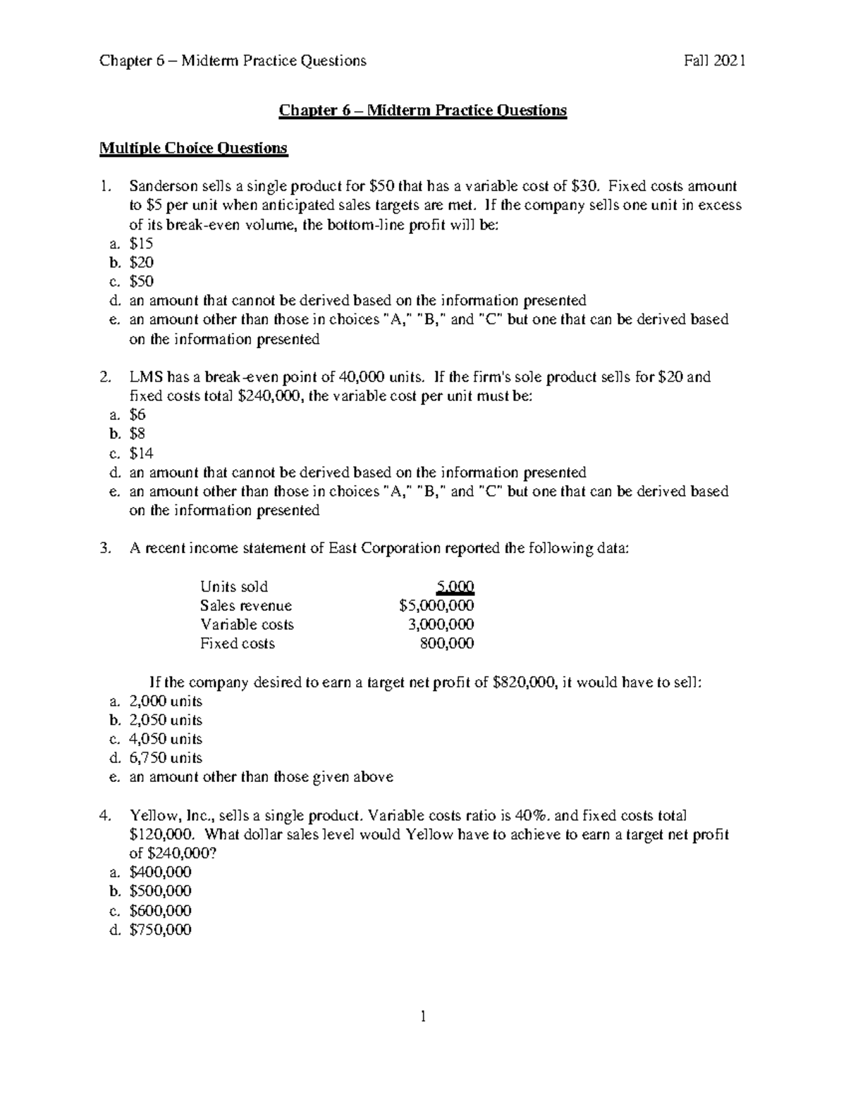 Chapter 6 Midterm Practice Questions Fall 2021 Oct 12 - Commerce 2Ab3 ...