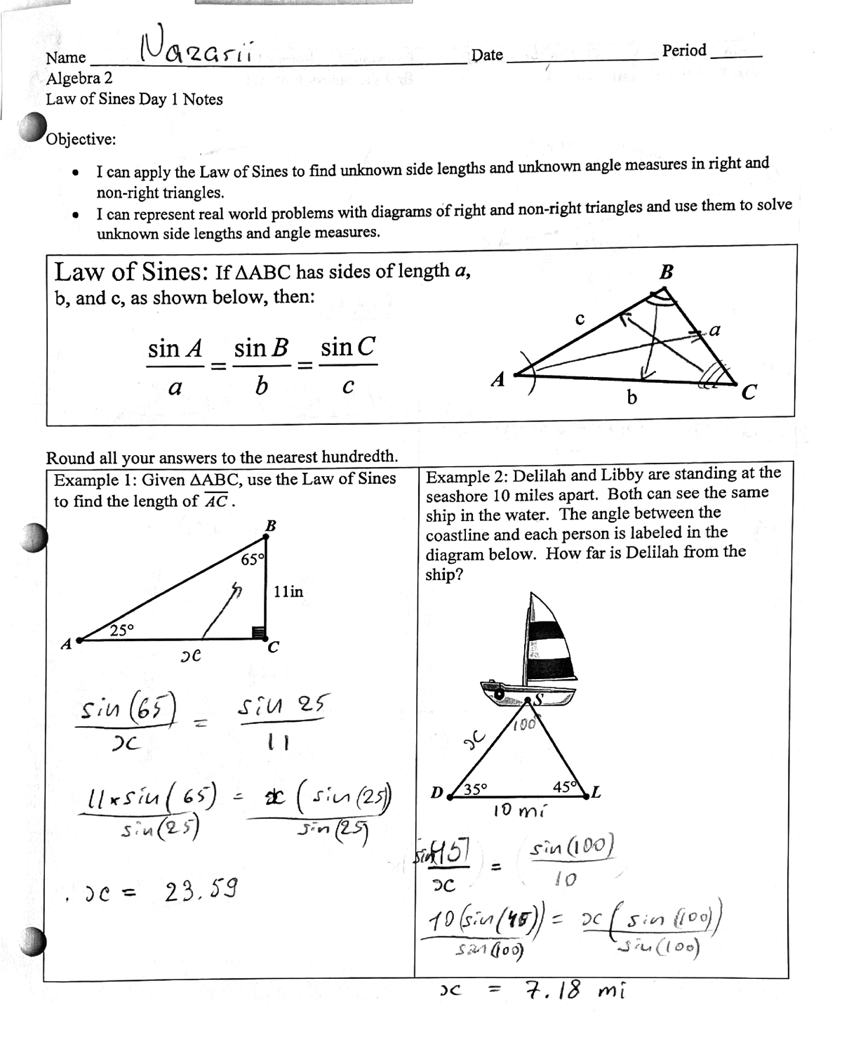 the law of sines assignment answers