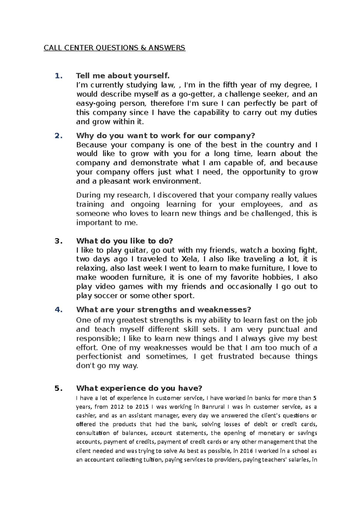 Questions & Answers CALL Center by Teacher JP CALL CENTER QUESTIONS