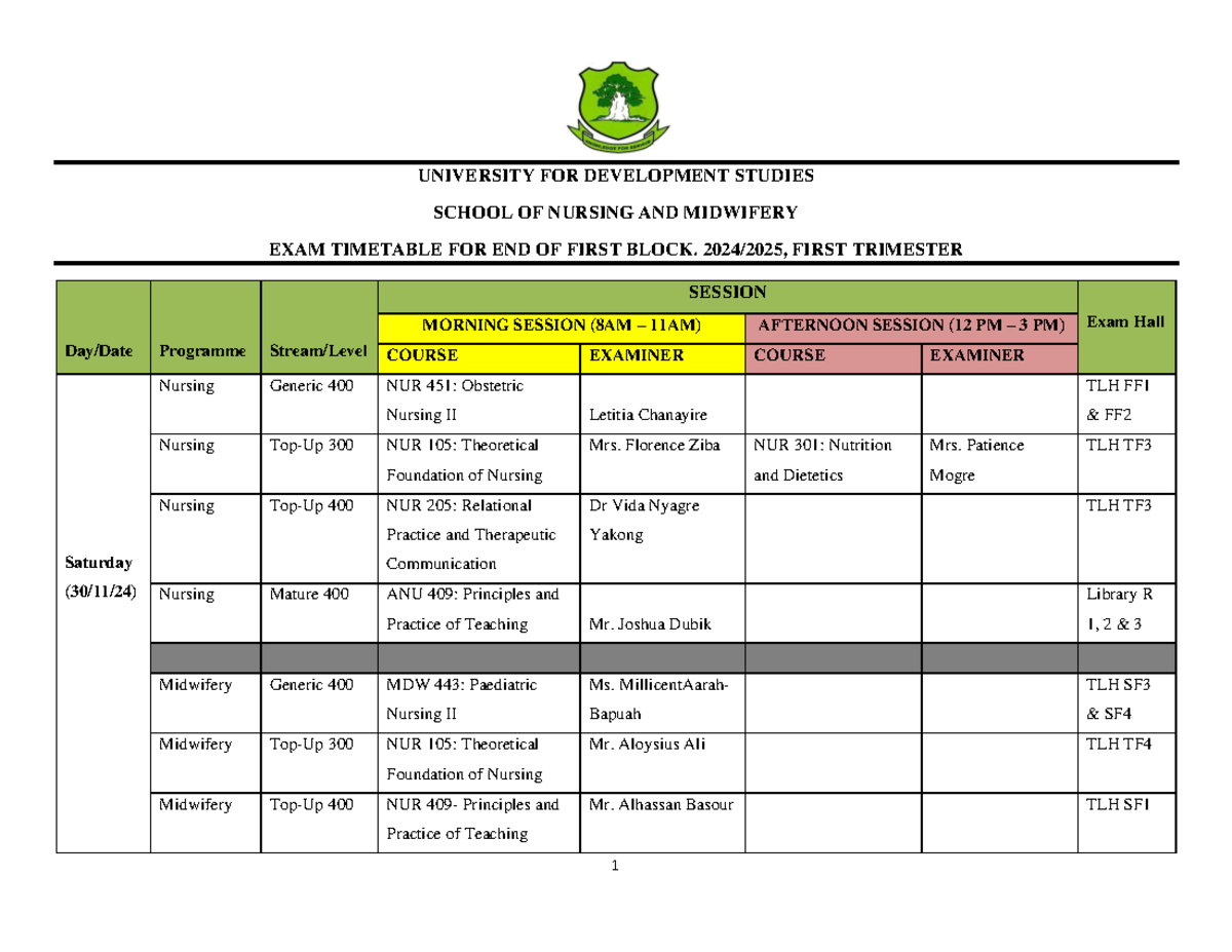 Second Block Exam Timetable Provisional - UNIVERSITY FOR DEVELOPMENT ...